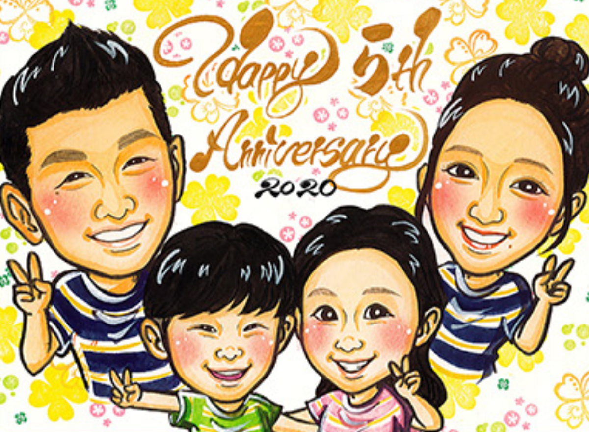 完全手描き水彩で仕上げた家族の似顔絵サンプル
